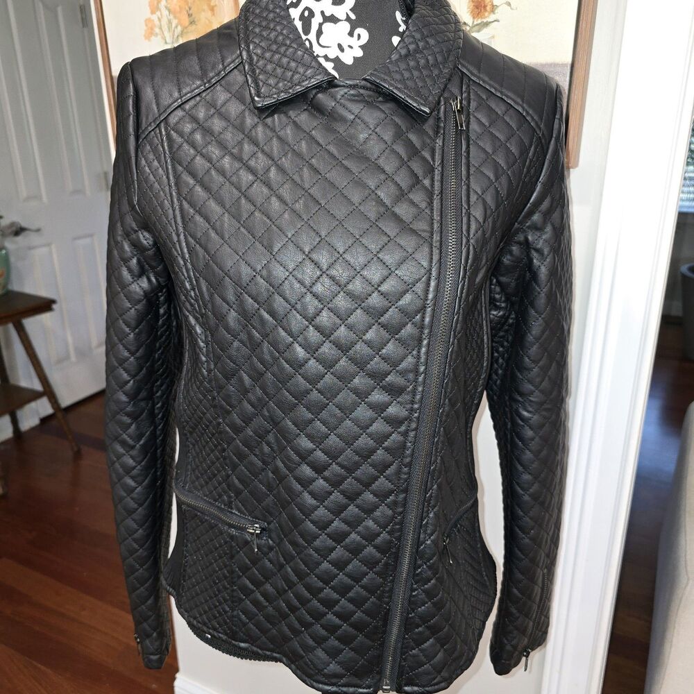 Adore Women's Quilted Leather Moto Biker Jacket - Asymmetrical Zip L fitted Zip